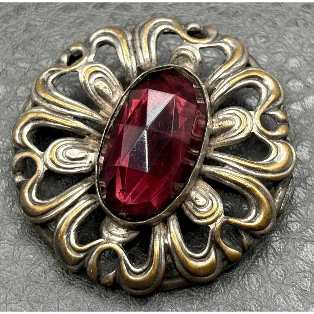 Antique Victorian Era Filigree Brooch Red Faux Garnet Faceted Stone C Clasp